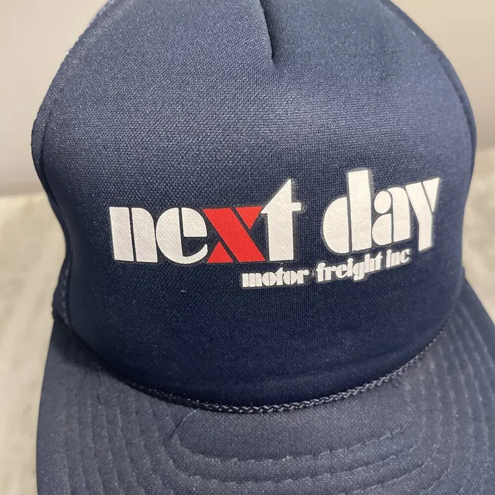 VINTAGE Next Day Motor Freight Hat Cap Snap Back Blue Mesh Trucker Mens 80s 90s